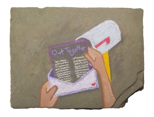 chalk drawing on stone of Out Together newsletter arriving in the mail